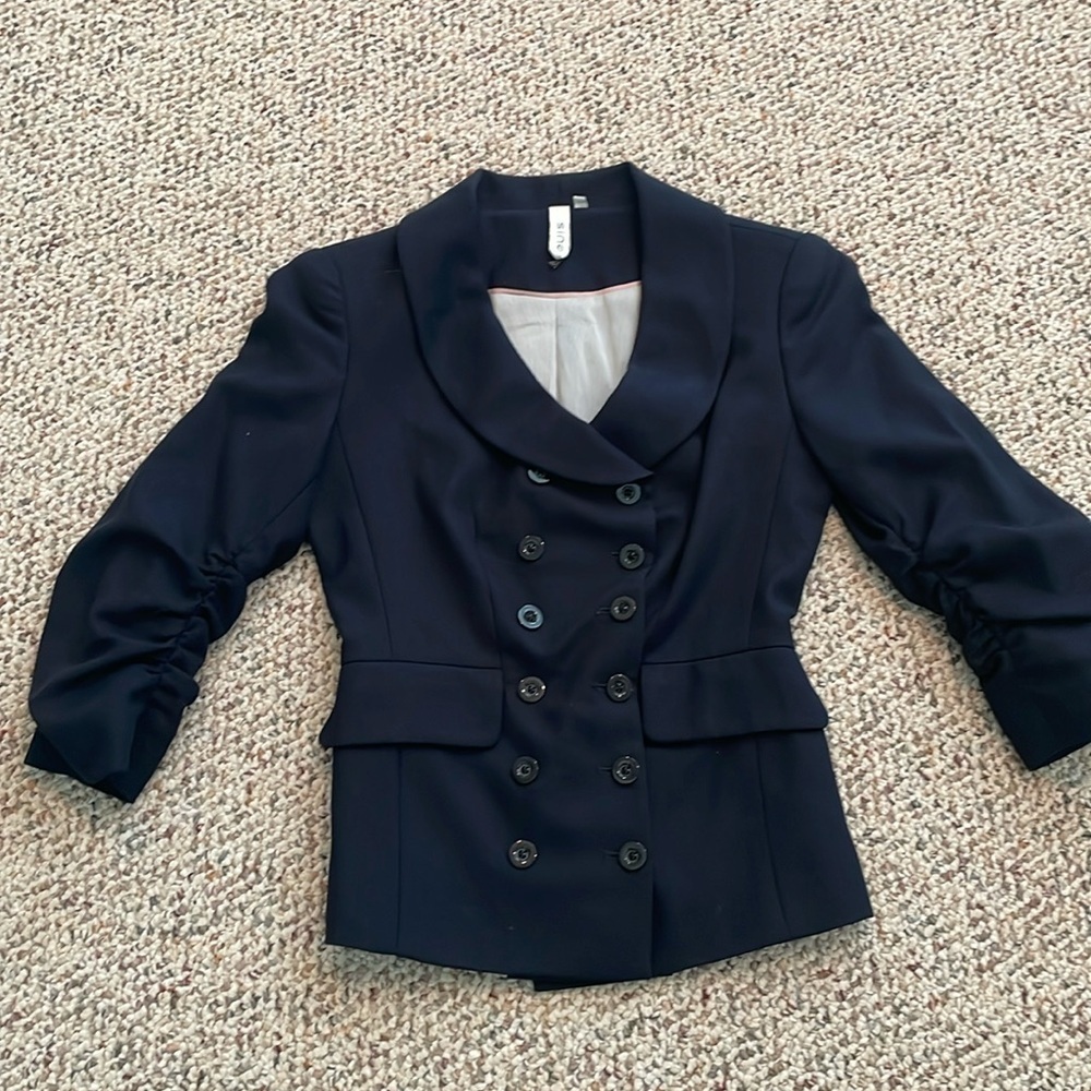 Sine Anthropology Navy Wool Blazer. Cinched Sleeves. Double Breasted. Size 0